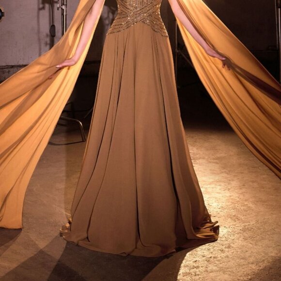 New Sequins Embellished Maxi Red Carpet Gown w/ Cape Sleeves & Boat Neck CD CL08 - Picture 10 of 10